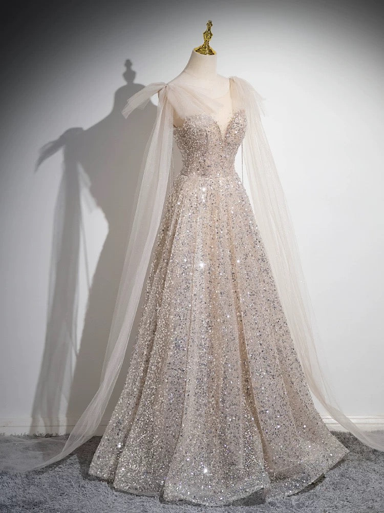 A-Line Scoop Neckline Tulle Champagne Long Prom Dress, Champagne Sequi toptby A-Line Scoop Neckline Tulle Champagne Long Prom Dress, Champagne Sequi toptby