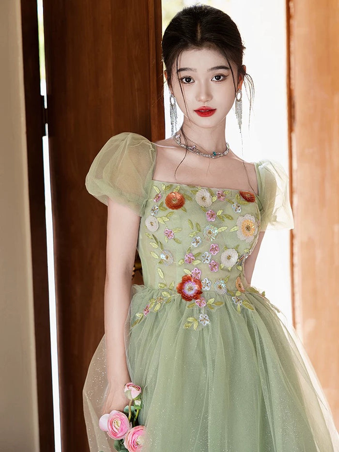 A-Line Puff Sleeves Tulle Flower Green Long Prom Dress, Green Long Formal Dress