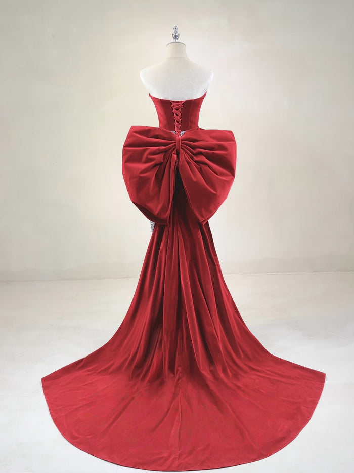 Mermaid Velvet Sequin Sweep Train Burgundy Prom Dress with Bow