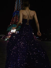 A-line V Neck Sequin Long Prom Dress, Sequin Party Dress