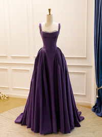 A-Line Sweetheart Neck Sweep Floor Satin Purple Long Prom Dress with Beads