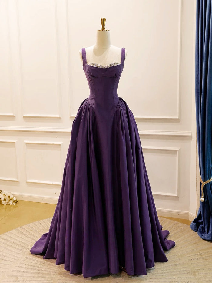 A-Line Sweetheart Neck Sweep Floor Satin Purple Long Prom Dress with Beads