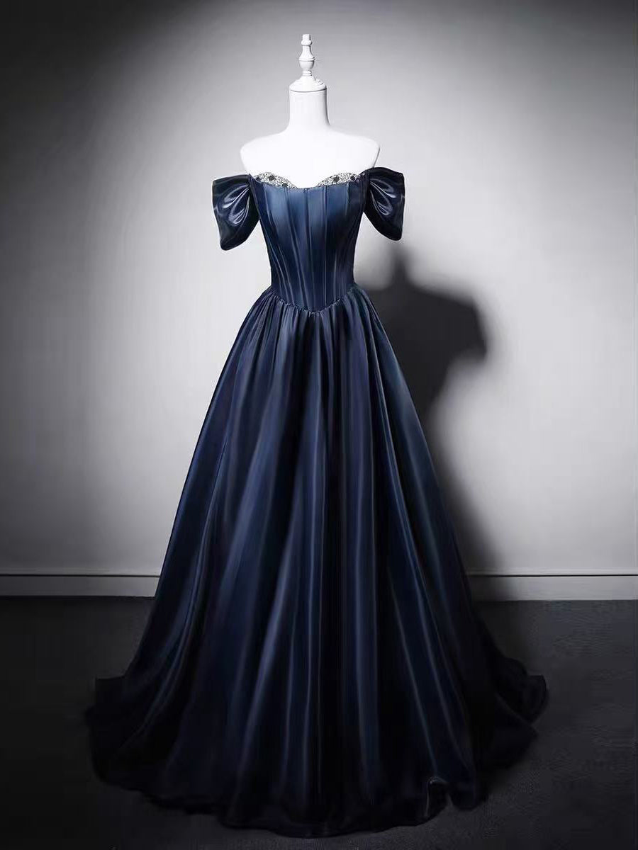 A-line Sweetheart Neck Off Shoulder Dark Blue Long Prom Dress with Beads