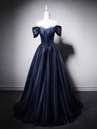 A-line Sweetheart Neck Off Shoulder Dark Blue Long Prom Dress with Beads