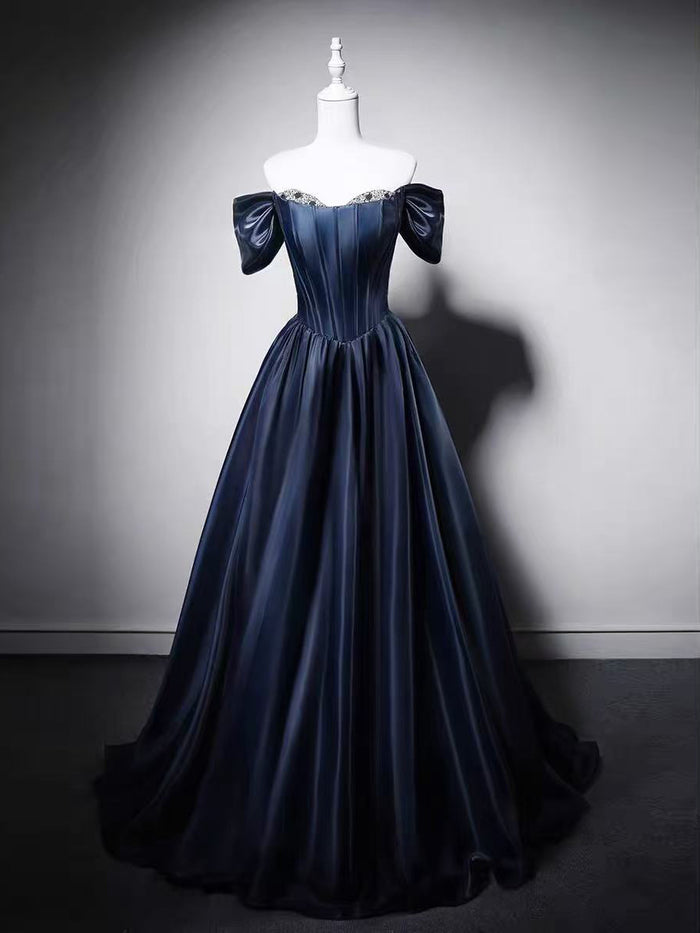 A-line Sweetheart Neck Off Shoulder Dark Blue Long Prom Dress with Beads