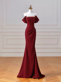 Mermaid Off Shoulder Tulle Satin Burgundy Long Prom Dress with Beads