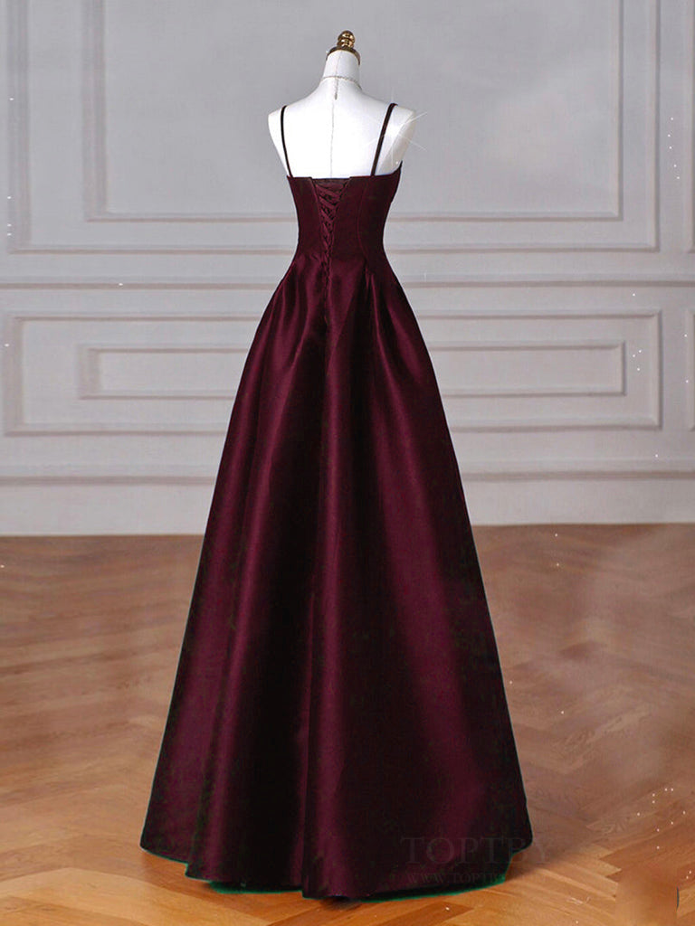 A-Line Sweetheart Neck Satin Burgundy Long Prom Dress, Burgundy Long F