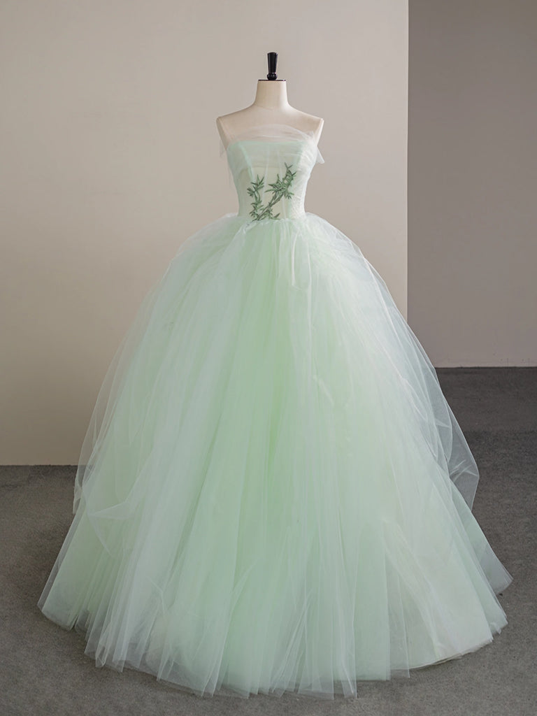 A-Line Tulle Lace Green Long Prom Dress, Tulle Green Long Formal Dress