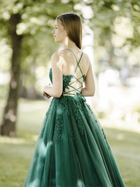 A-Line Tulle Lace Backless Green Long Prom Dress, Green Lace Long Formal Dress