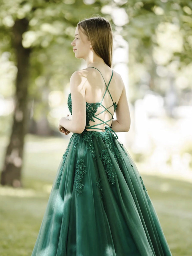 A-Line Tulle Lace Backless Green Long Prom Dress, Green Lace Long Formal Dress