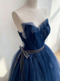 A-line Tulle Lace Floor Length Dark Blue Long Prom Dress