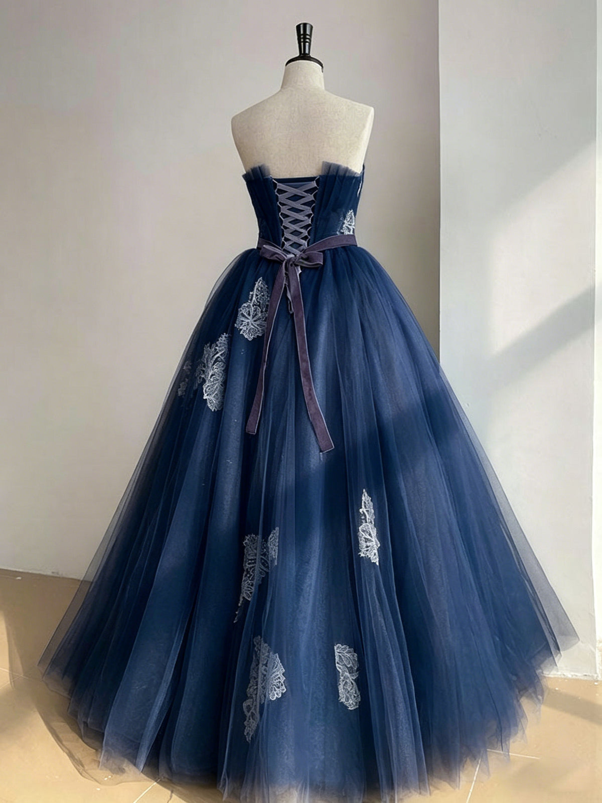 A-line Tulle Lace Floor Length Dark Blue Long Prom Dress