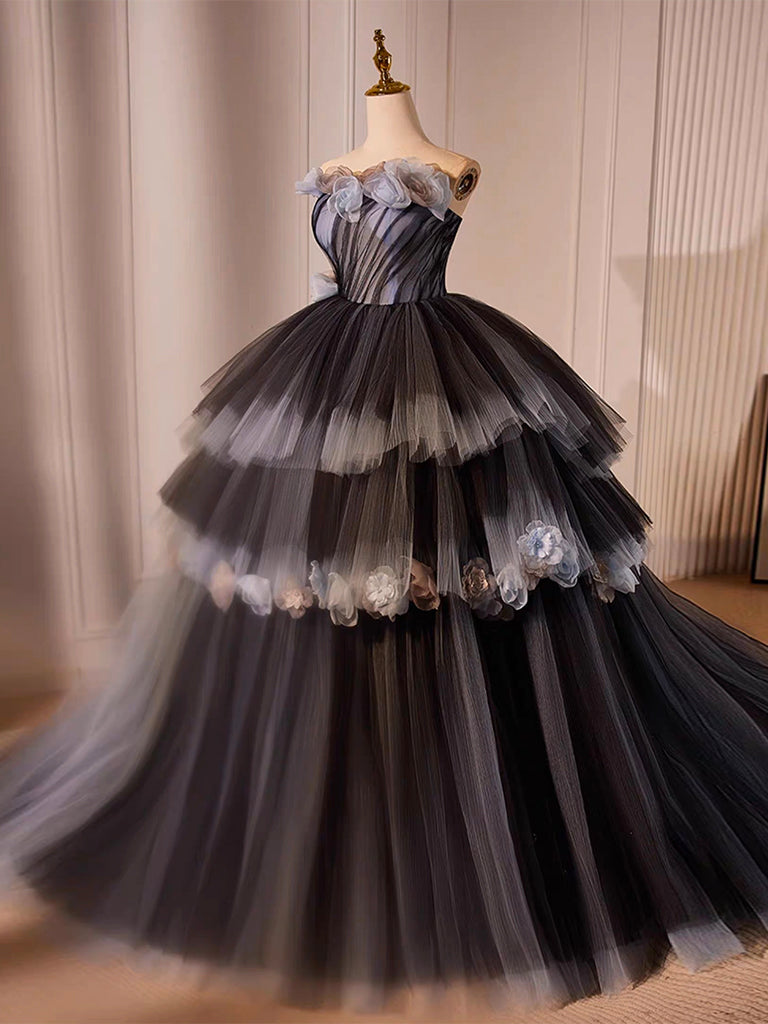 Black Tulle Long Prom Gown, Black Tulle Evening Dress