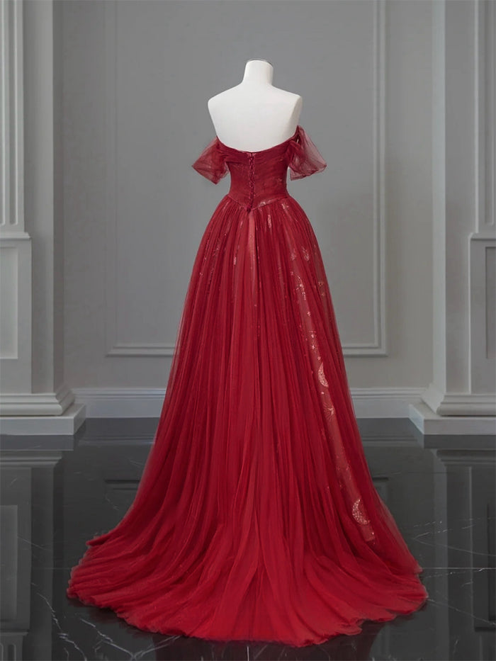 A-Line Off Shoulder Tulle Lace Burgundy Long Prom Dress
