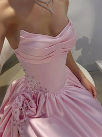 A-Line Satin Pink Long Prom Dress with Flower Beads