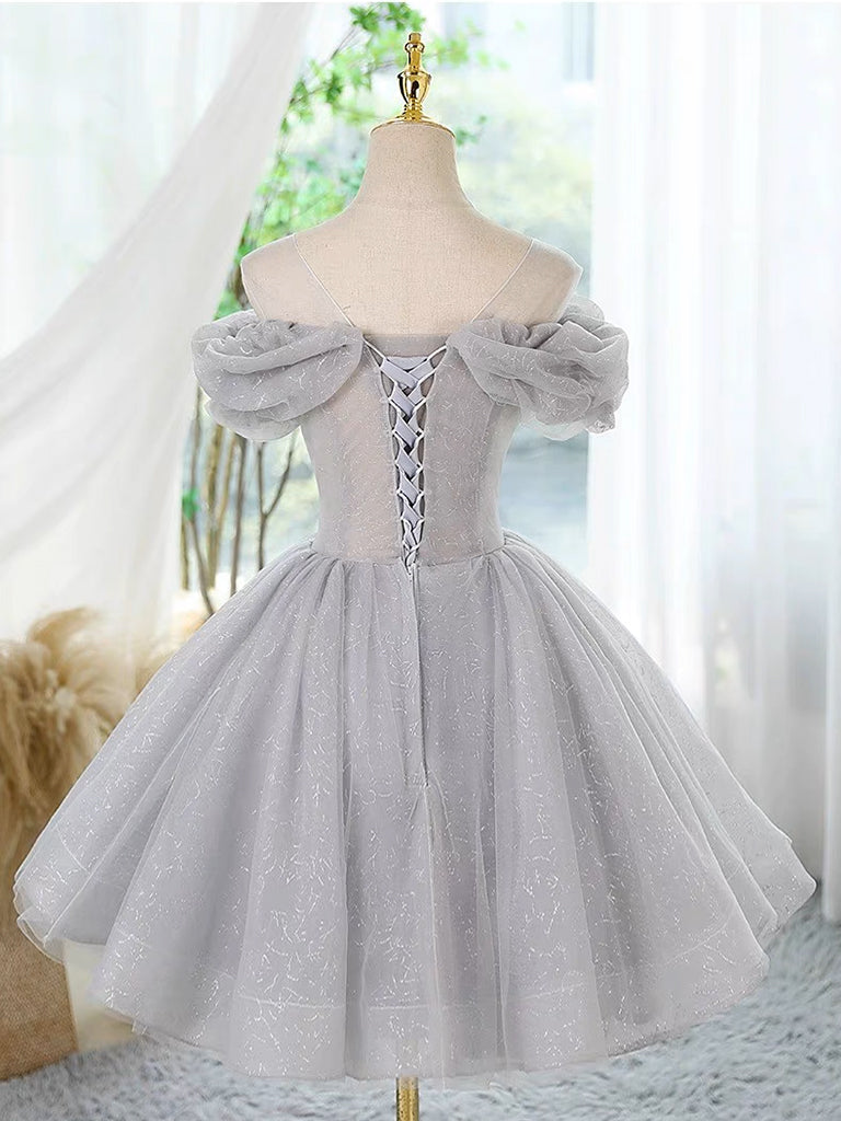 A-Line Off Shoulder Tulle Lace Sequin Gray Short Prom Dress with Beads