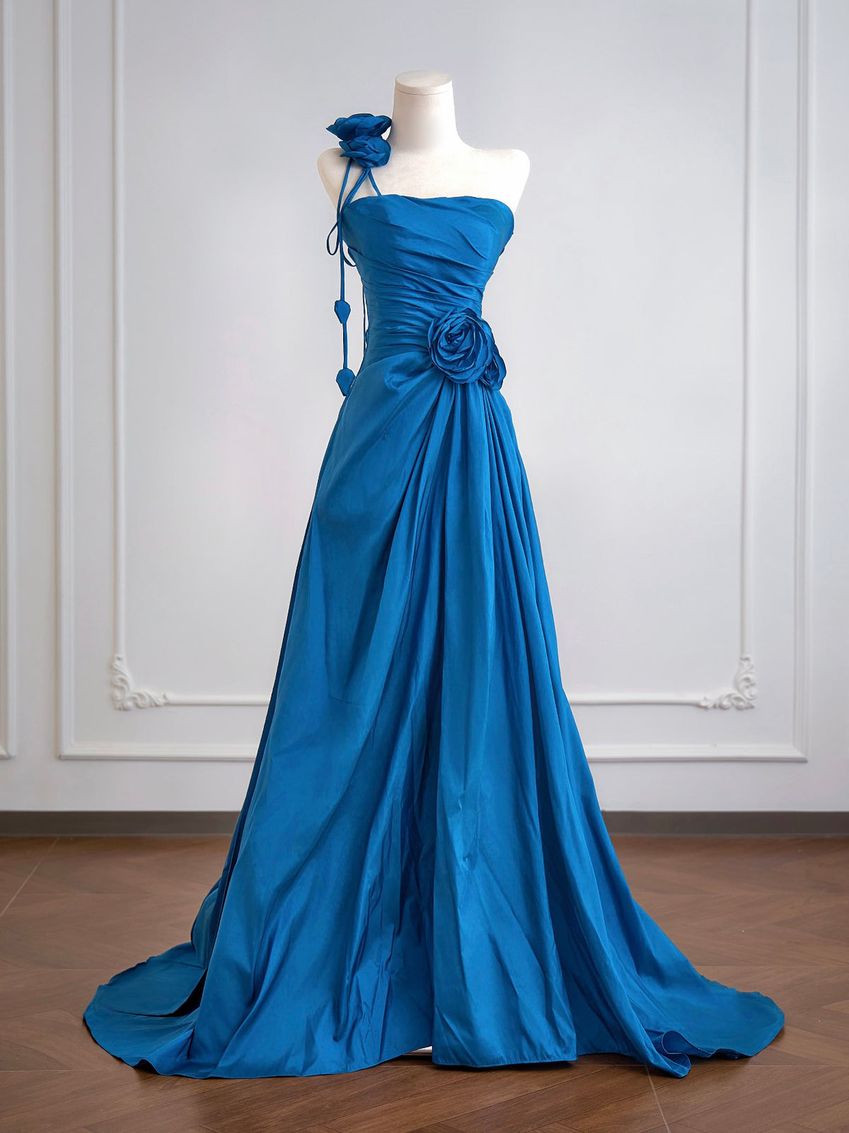 A-Line Sweep Train Taffeta Blue Long Prom Dress With Flower