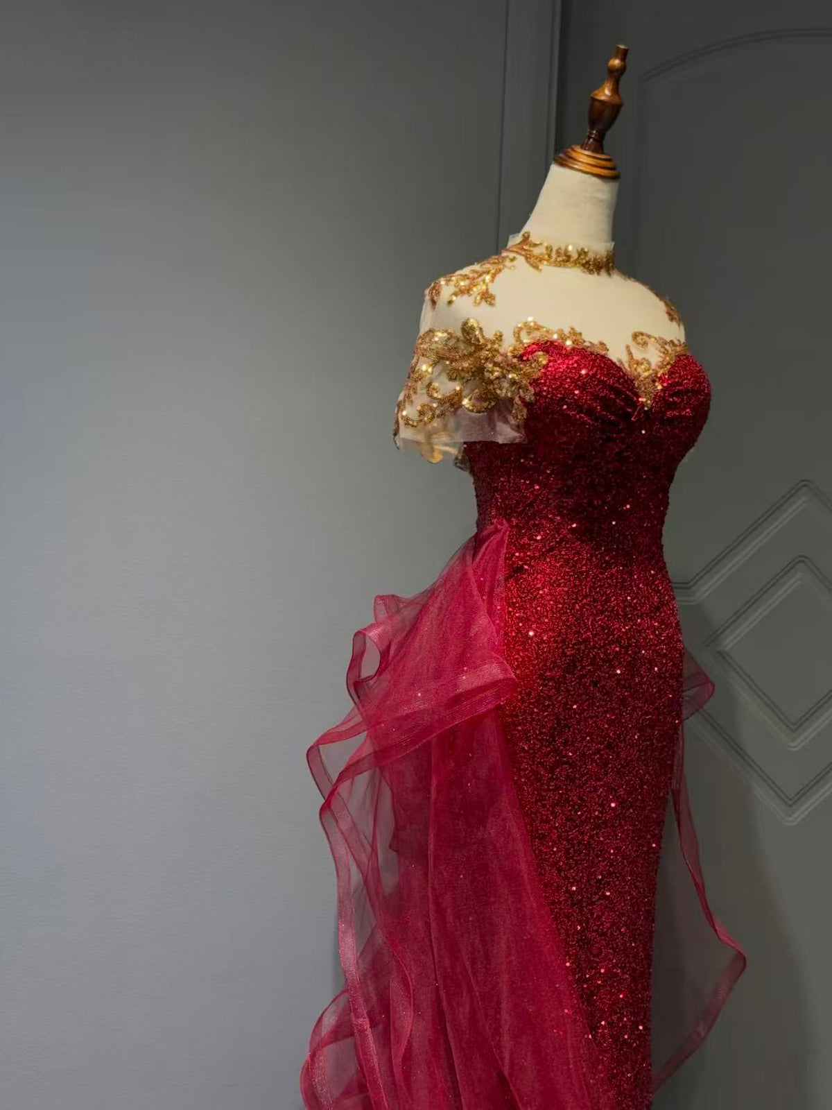 Sparkling Burgundy Sequin Mermaid Long Prom Dress with Sheer Gold Lace Shoulders