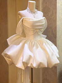 White Off Shoulder Satin Short Prom Dress, White Homecoming Dress with Beads