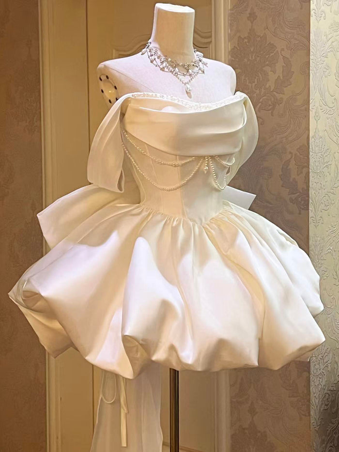 White Off Shoulder Satin Short Prom Dress, White Homecoming Dress with Beads