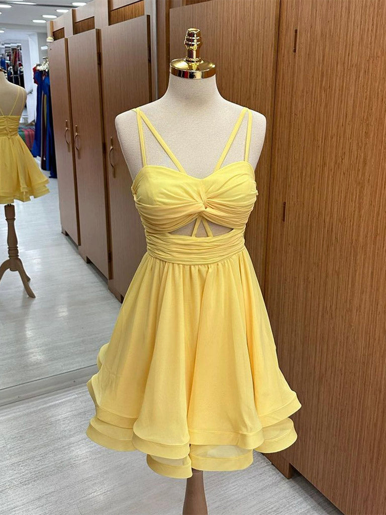 A-Line Chiffon Yellow Short Prom Dress, Yellow Homecoming Dress