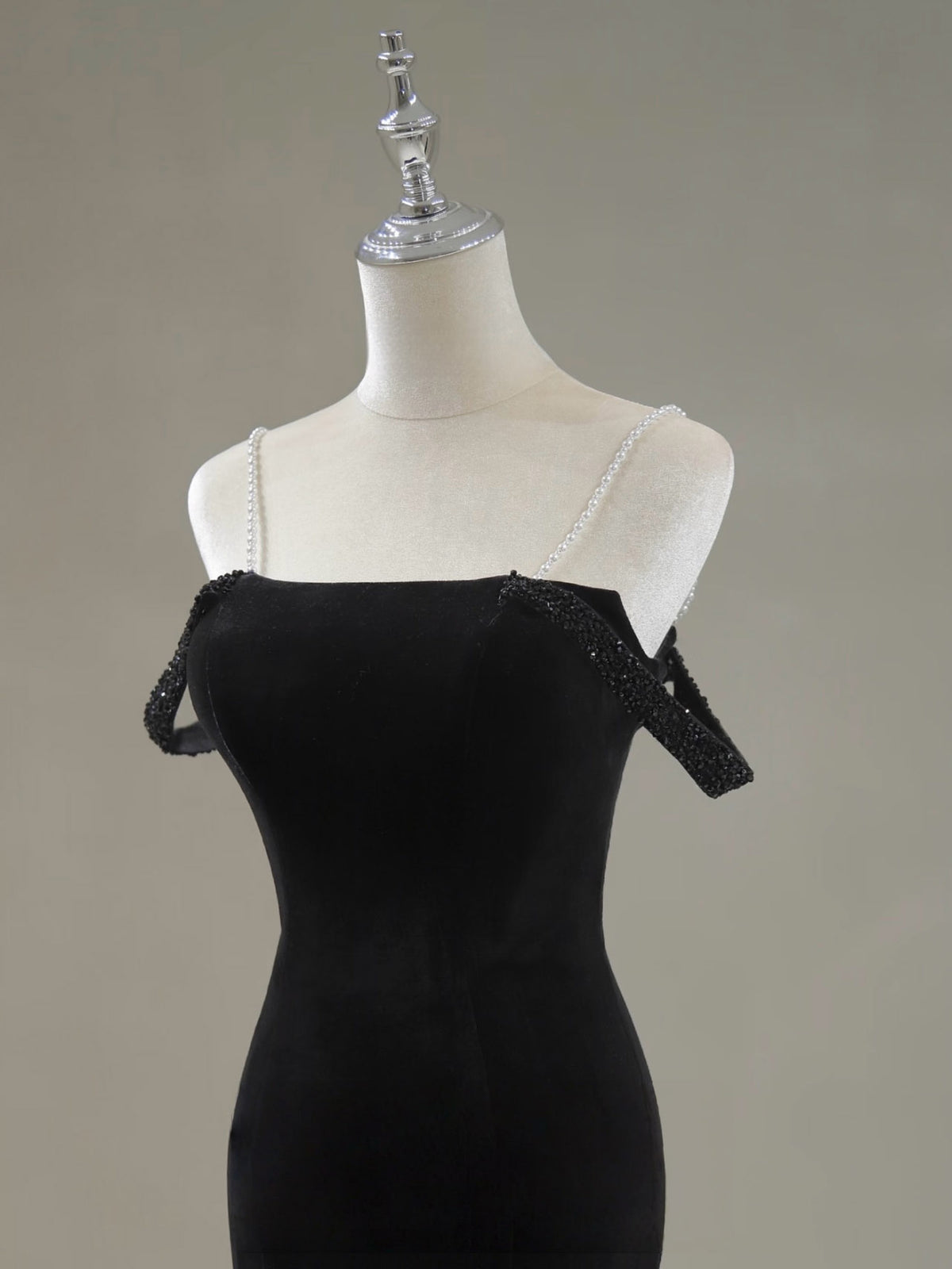 Mermaid Off Shoulder Velvet Sweep Train Black Prom Dress with Beads