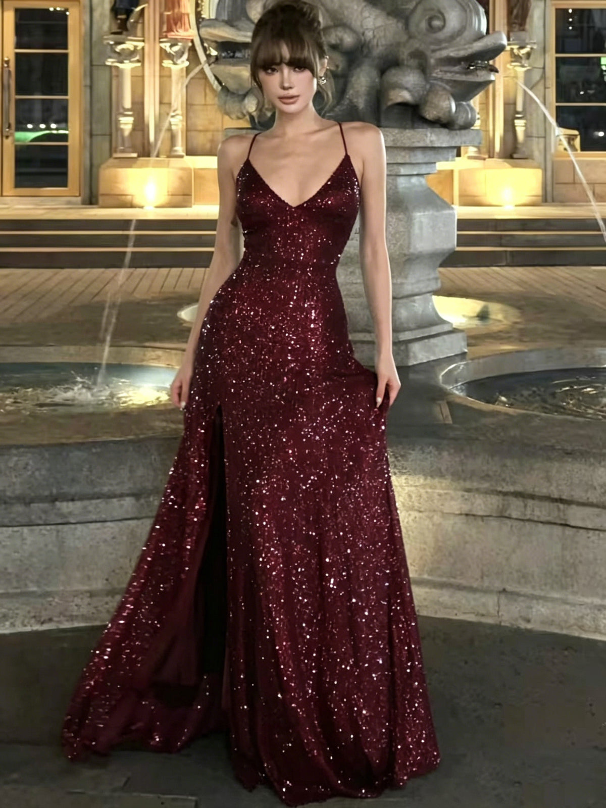 A-line V Neck Sequin Long Prom Dress, Sequin Party Dress