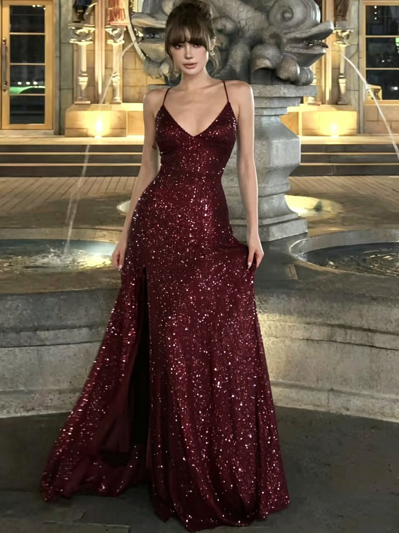 party wear sequin dresses A-line V Neck Long Prom Dress, Sequin Dress – toptby Hearts and Roses Maxi and the Lulus Luxe Size:31/30 LowStock:43494640549939