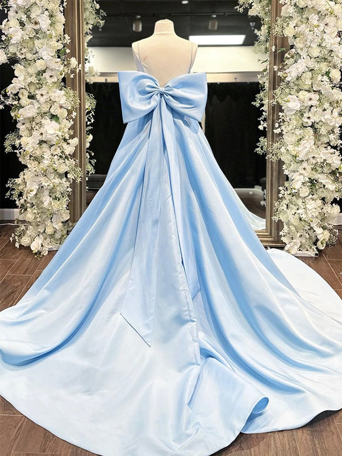 Simple A-Line Satin Blue Long prom Dress, Blue Long Formal Dress