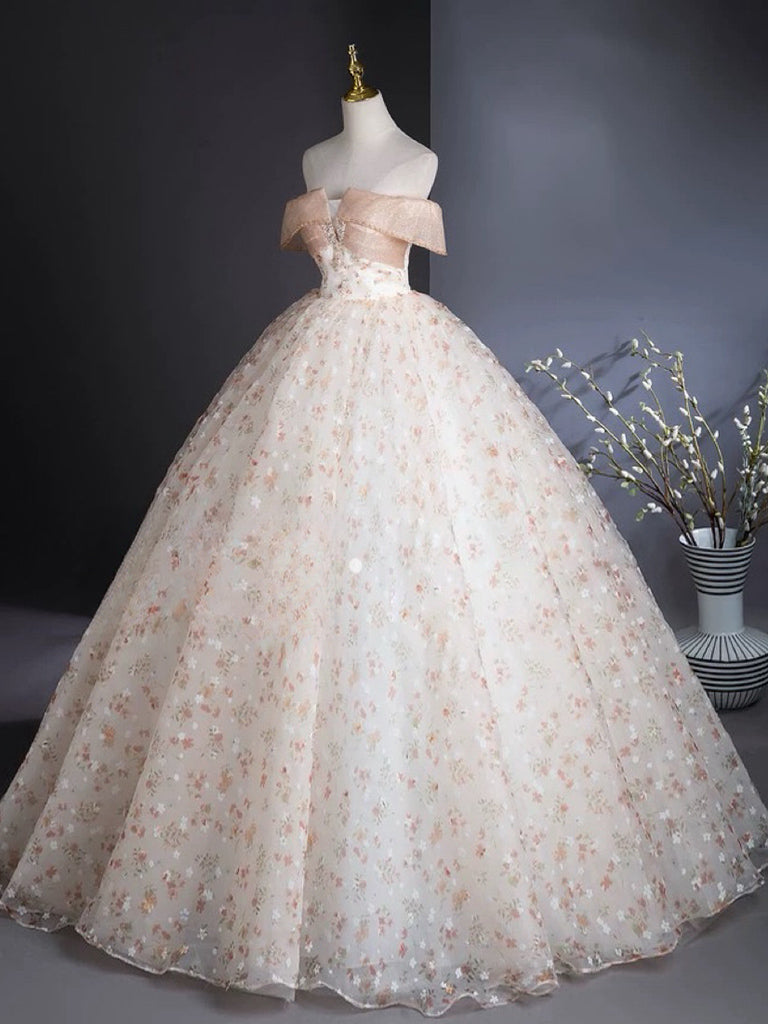 A-Line Off Shoulder Tulle Lace Champagne Long Prom Dress, Champagne Formal Dress