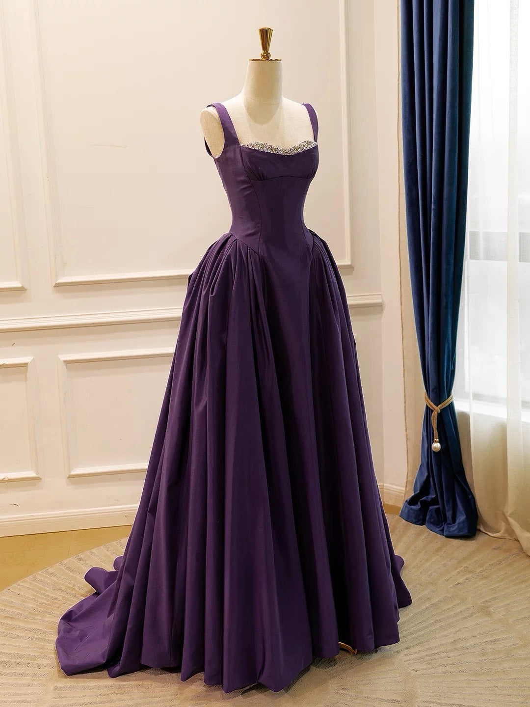 A-Line Sweetheart Neck Sweep Floor Satin Purple Long Prom Dress with Beads