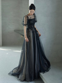A-Line Tulle Butterfly Lace Black Long Prom Dress, Black Long Evening Dress