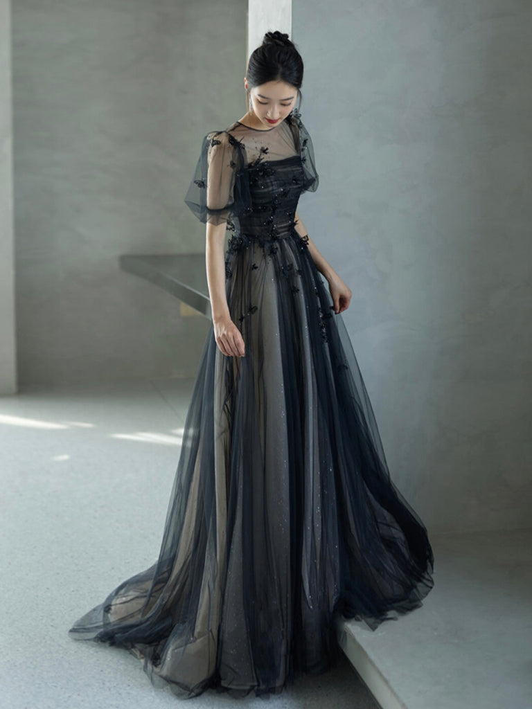 A-Line Tulle Butterfly Lace Black Long Prom Dress, Black Long Evening toptby A-Line Tulle Butterfly Lace Black Long Prom Dress, Black Long Evening toptby