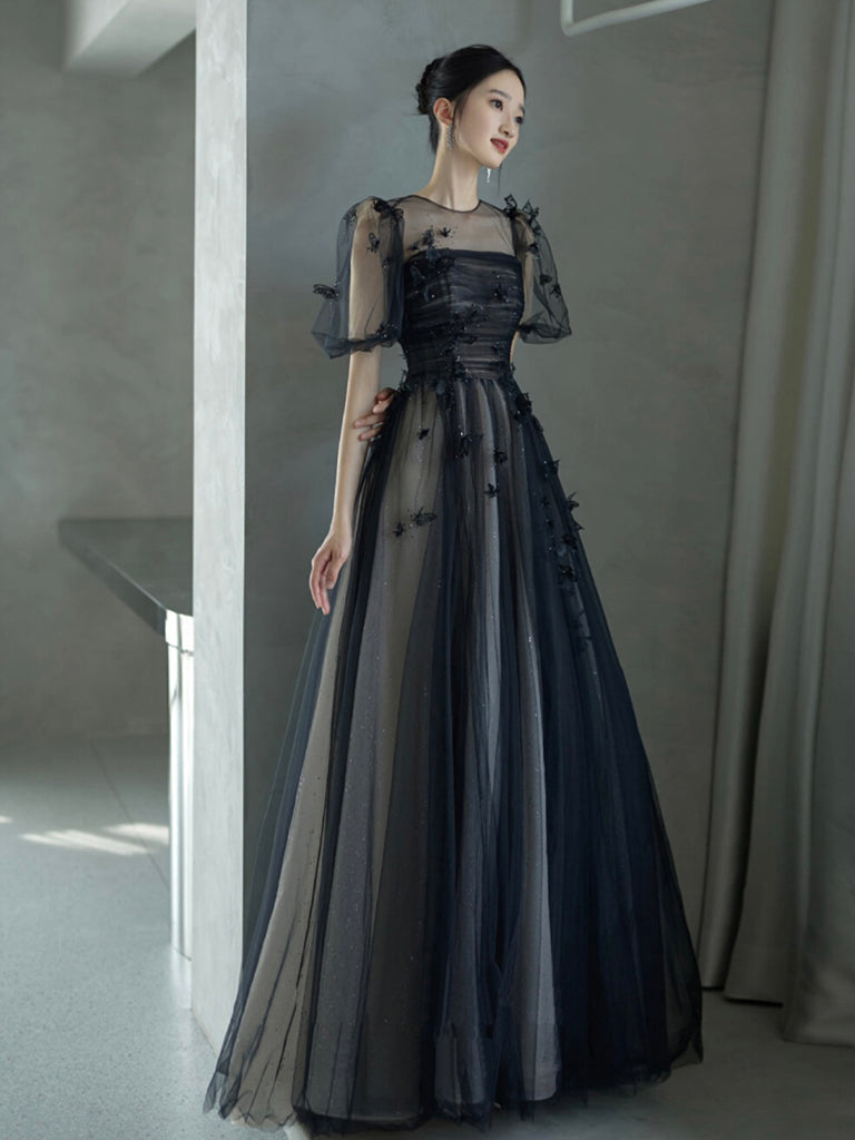 A-Line Tulle Butterfly Lace Black Long Prom Dress, Black Long Evening toptby A-Line Tulle Butterfly Lace Black Long Prom Dress, Black Long Evening toptby