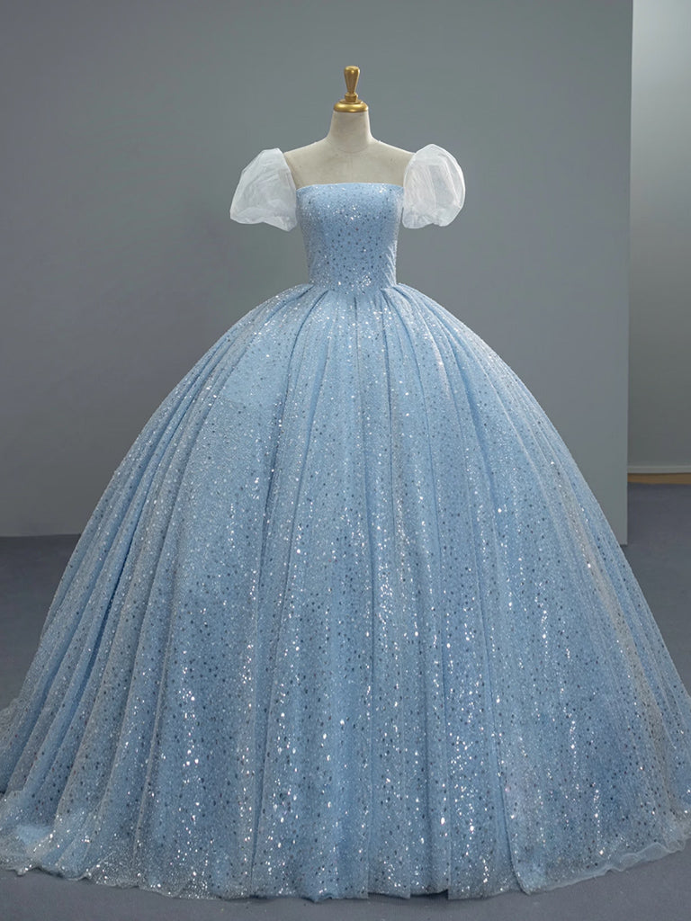 A-Line Puff Sleeves Tulle Sequin Blue Long Prom Dress, Blue Long Sweet 16 Dress