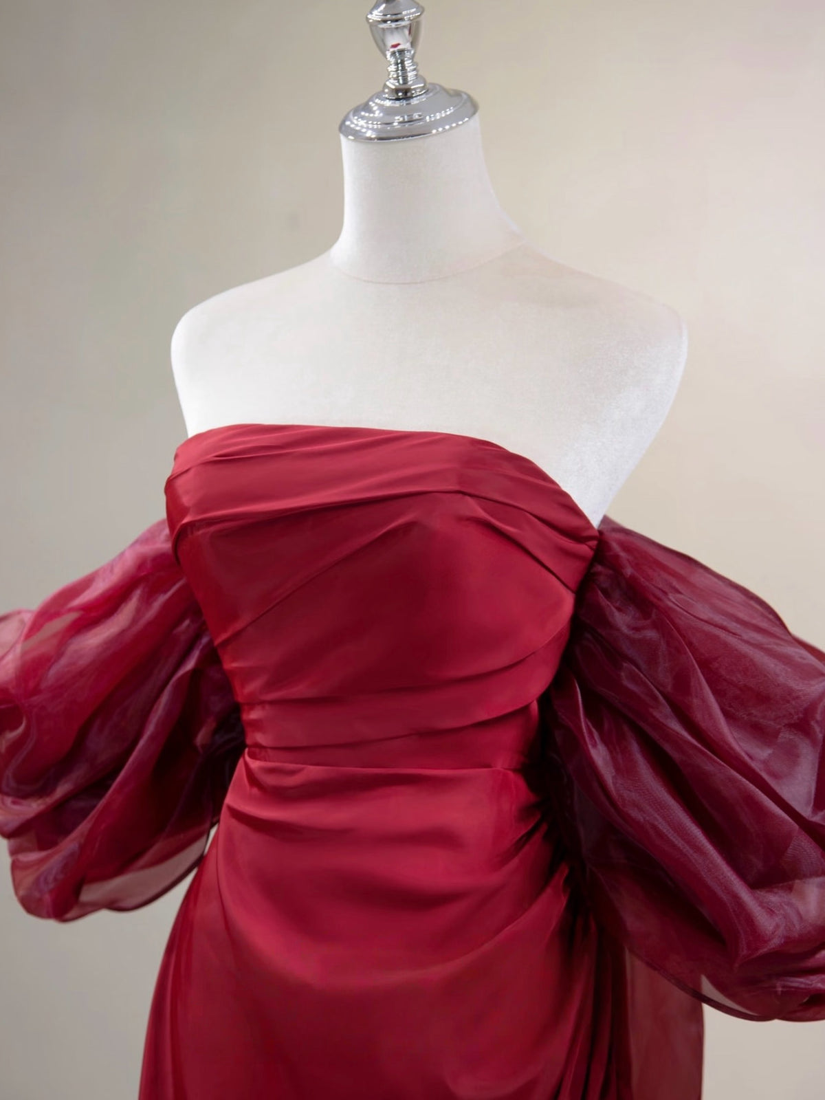A-line Off Shoulder Satin Floor Length Burgundy Prom Dress