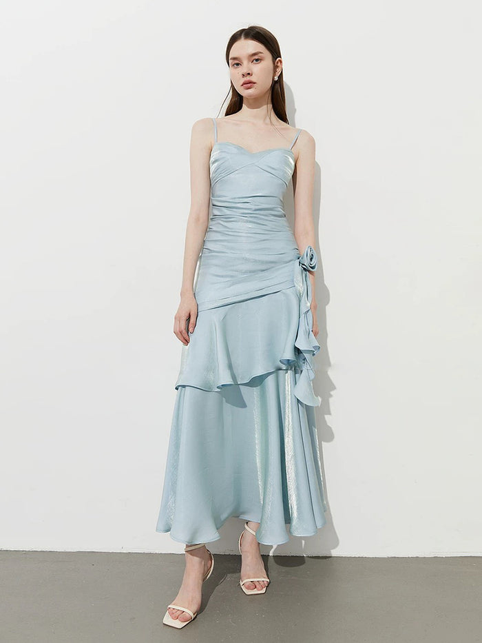 A-Line Sweetheart Neck Satin Tea Length Blue Party Dress