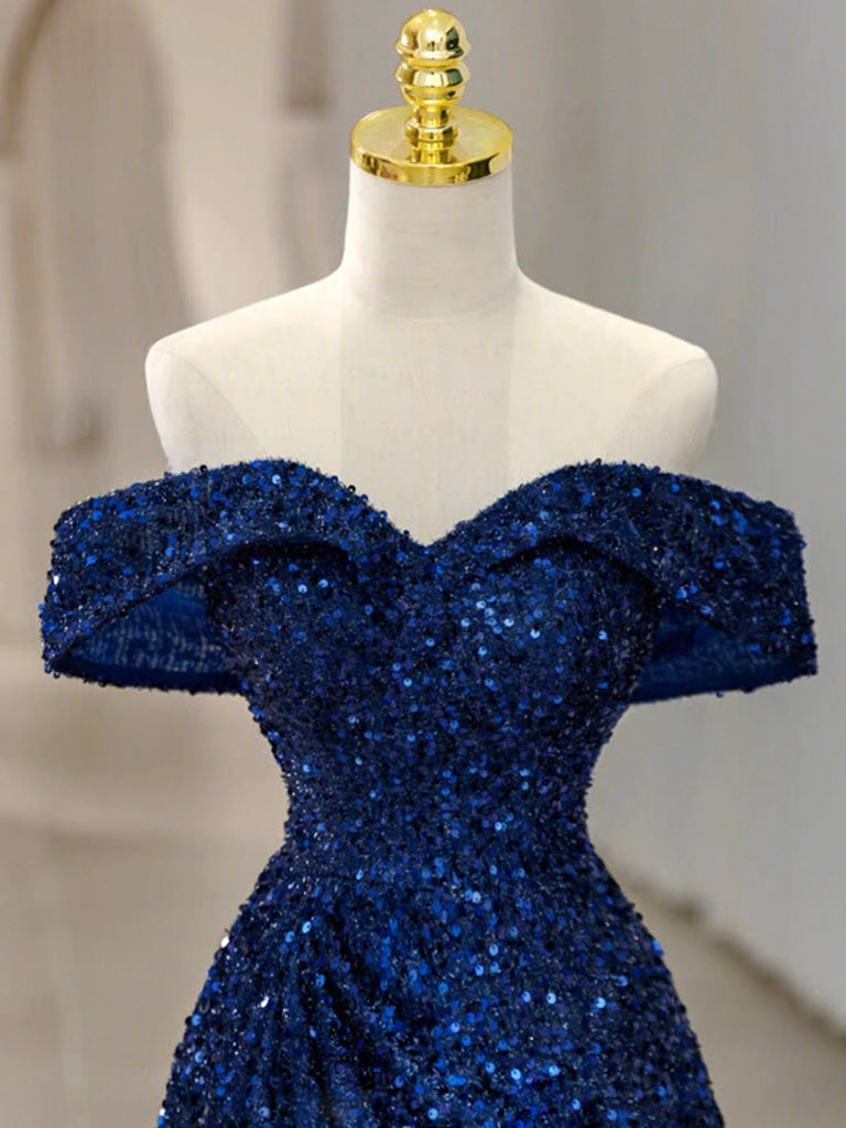 Simple Off Shoulder Sequin Blue Long prom Dress, Blue Sequin Long Evening Dress