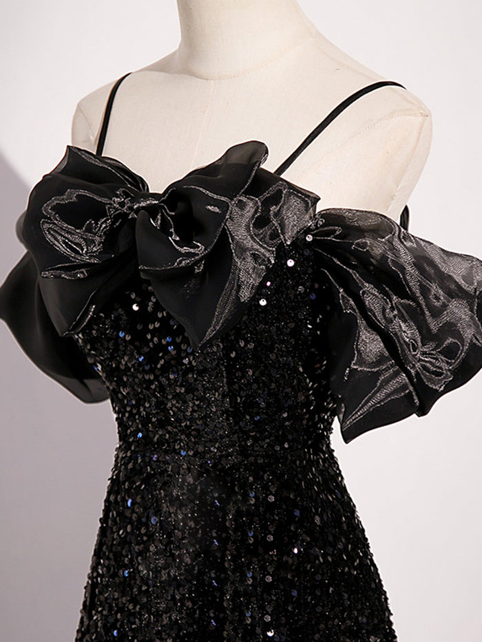A-Line Off Shoulder Velvet Sequin Long Black Prom Dress, Black Long Evening Dress