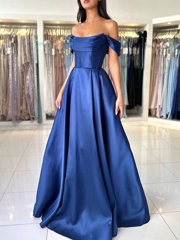 Blue Unique design A-Line Off Shoulder Satin Long Prom Dresses