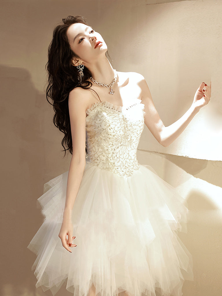 Beige Tulle Short Prom Dress, Sequin Tulle Cute Homecoming Dress toptby Beige Tulle Short Prom Dress, Sequin Tulle Cute Homecoming Dress toptby