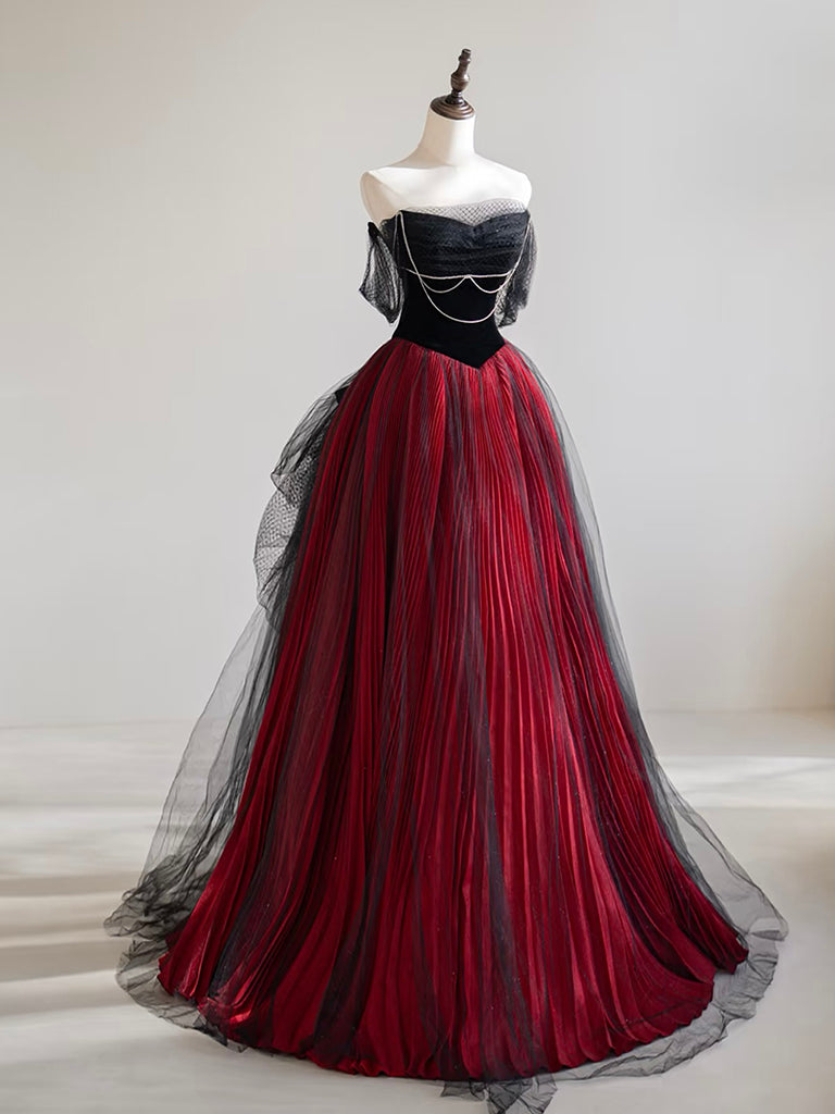 A-Line Off Shoulder Tulle Black/Burgundy Long Prom Dress