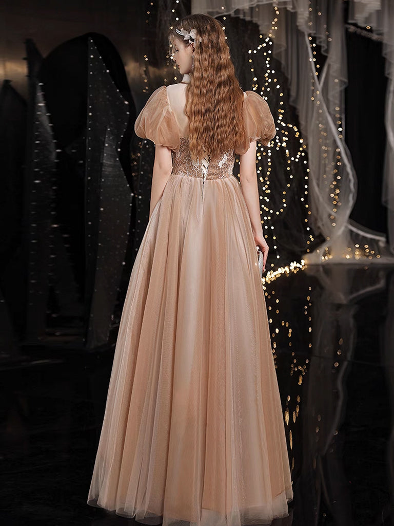 A-Line Tulle Lace Champagne Long Prom Dress, Champagne Long Evening Dress