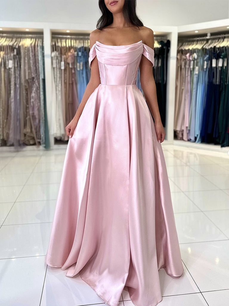 A-Line Off Shoulder Satin Blue Long Prom Dress, Blue Long Evening Dress