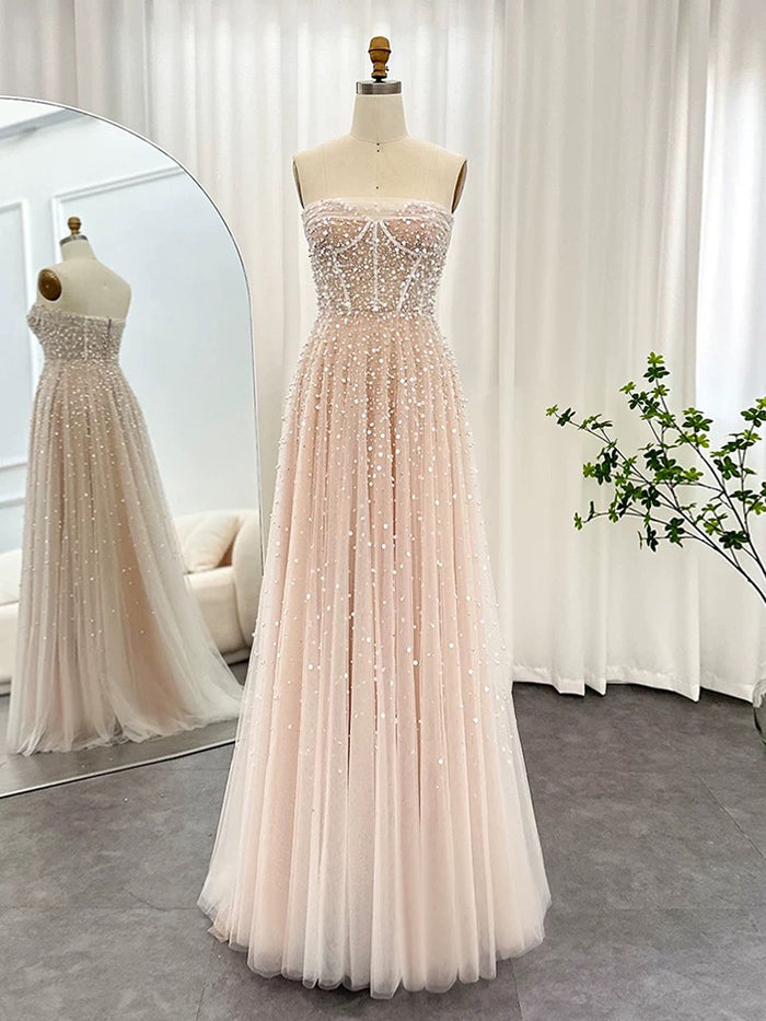 A-Line Tulle Beads Sequin Champagne Long Prom Dress, Champagne Formal Dress