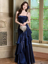 A-Line Satin Blue Long Prom Dress, Blue Long Evening Dress