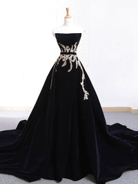 Black Velvet Sweep Train Long Prom Dress, Black Velvet Long Evening Dress