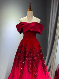 A-Line Off Shoulder Tulle Sequin Burgundy Long Prom Dress, Burgundy Formal Dress