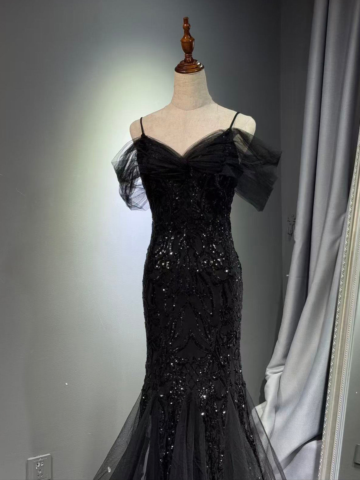 Mermaid Off Shoulder Tulle Sequin Lace Black Long Prom Dress