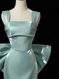 Simple Satin Green Long Prom Dress, Green Long Formal Dress with bow tie